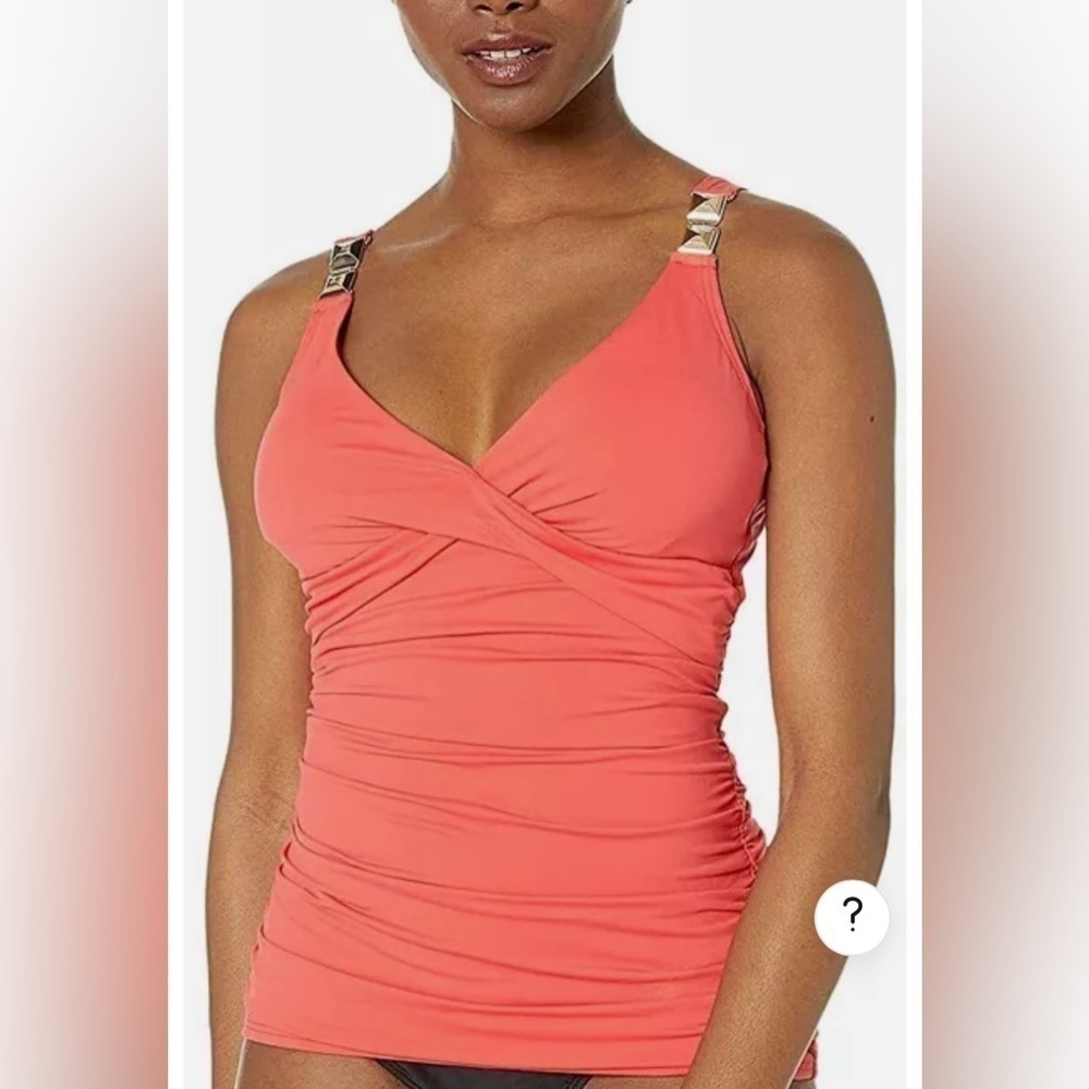 Michael Kors Sea coral 2 piece over the shoulder twist tankini swimsuit S - Picture 2 of 14